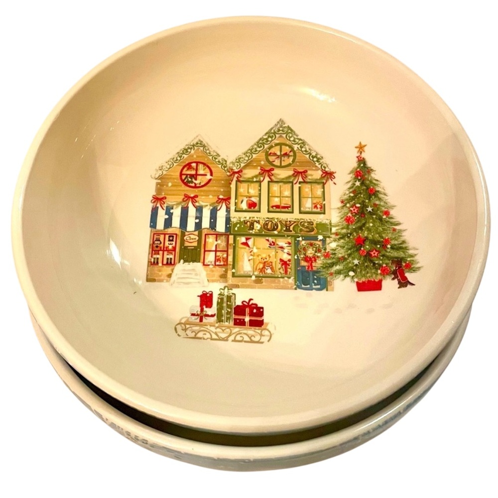 Pier 1  Xmas Village Scenes 8” Bowls Toy Store Christmas Ironstone Set of 2